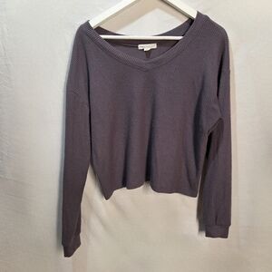 Cropped Grey Wide V Neck Oversized Lounge Long Sleeve Tee Size S